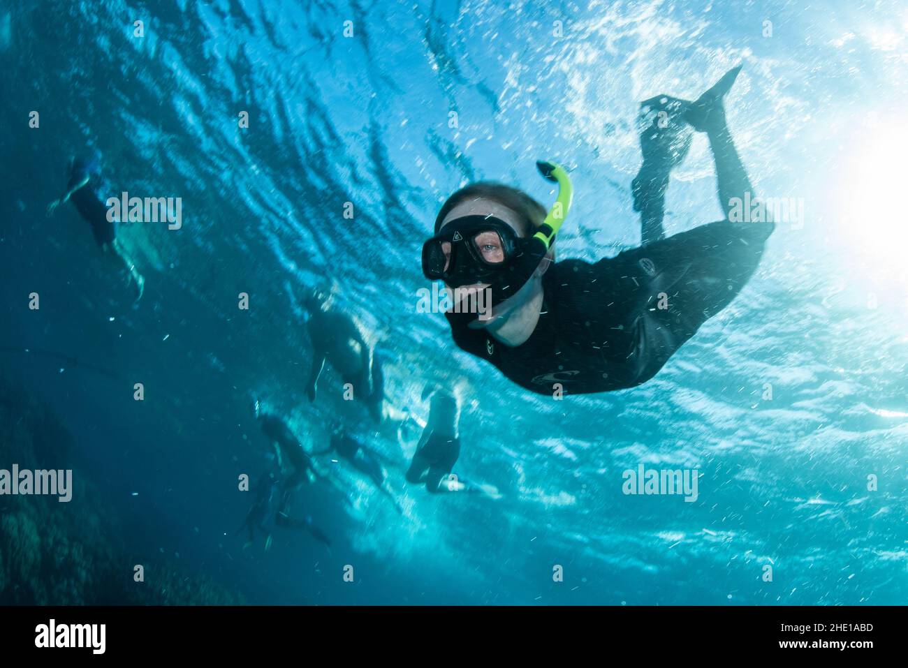 Un snorkeler plonge sous la surface de la mer rouge en Égypte. Banque D'Images