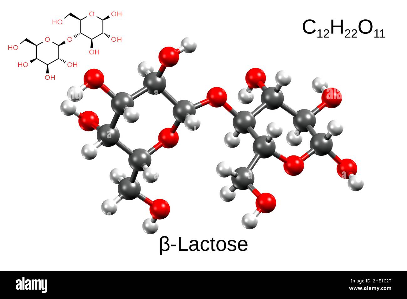 Formule chimique, formule structurale et modèle à bille et bâton 3D de bêta-lactose, fond blanc Banque D'Images