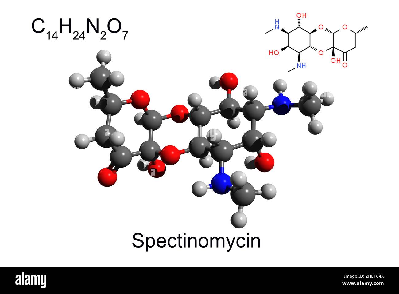 Formule chimique, formule structurale et modèle bille-bâton 3D de la spectinomycine antibiotique utilisée pour le traitement de la gonorrhée, fond blanc Banque D'Images