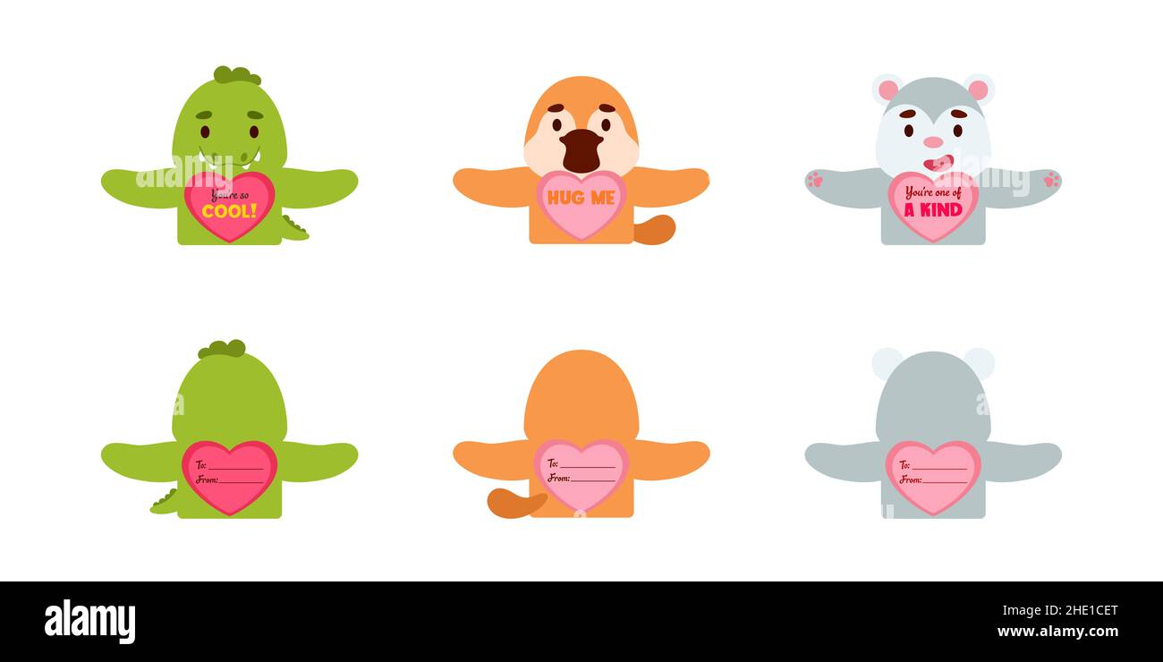 Saint-Valentin cartes cadeau animaux mignons cartes cadeau bonbon porte-cartes pour enfants.Grand cadeau option école prix de classe, échange de cadeau, faveurs de la Saint-Valentin, l Illustration de Vecteur