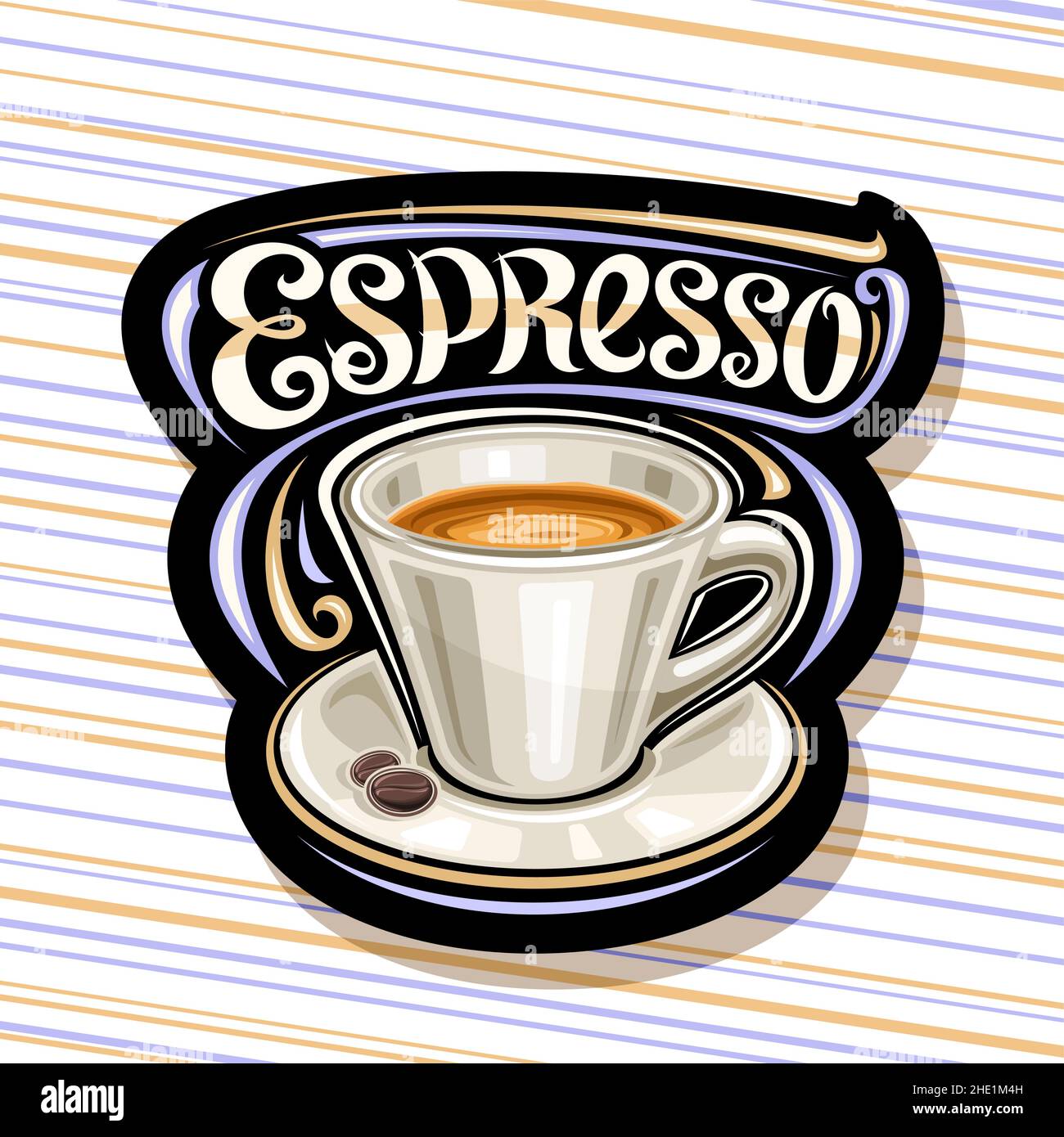 Logo Vector pour Espresso Coffee, illustration d'une tasse en céramique avec boisson au café et grains rôtis sur l'assiette, panneau décoratif avec bru unique Illustration de Vecteur