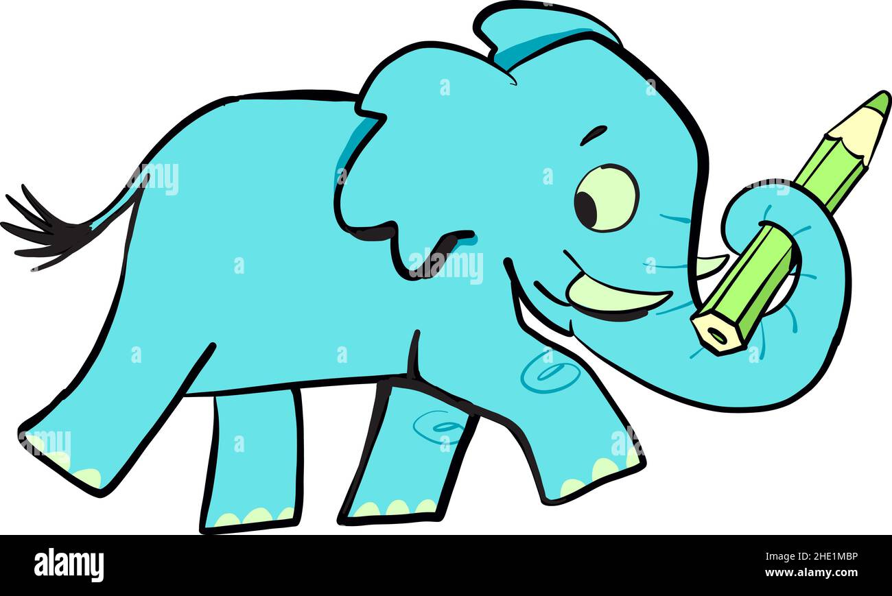 un éléphant bleu sur une promenade porte un crayon vert dans son tronc Banque D'Images