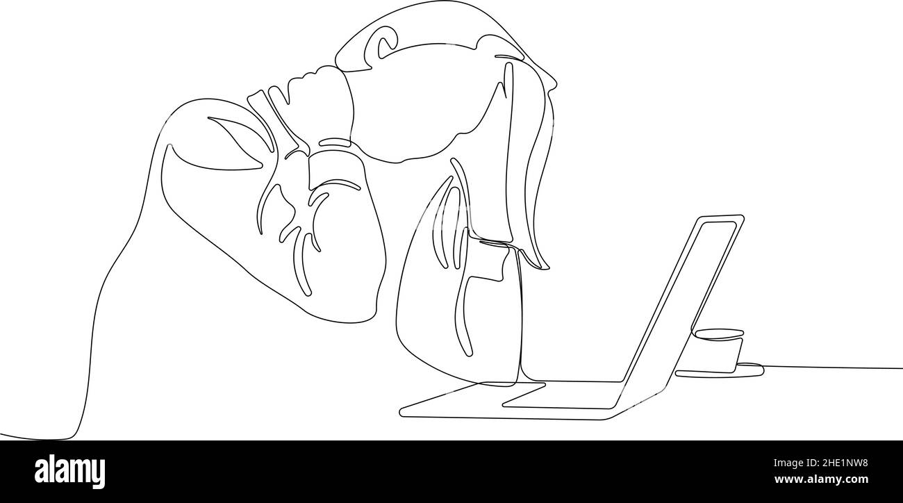 Un seul dessin de la femme fatiguée et de l'ordinateur portable Illustration de Vecteur