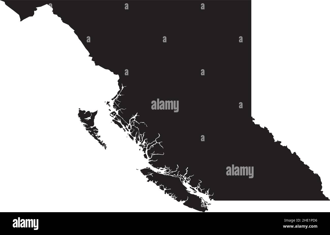 Carte administrative noire à vecteur blanc et plat de la province canadienne de LA COLOMBIE-BRITANNIQUE, CANADA Illustration de Vecteur