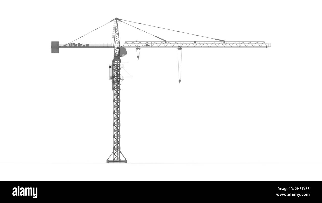 3D réalisation d'une grue à tour, construction, construction, construction, machines de levage isolées sur fond blanc. Banque D'Images