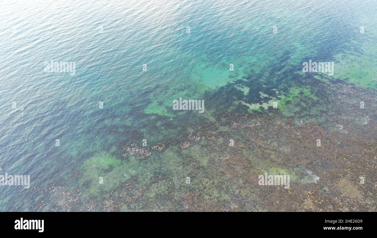 Image aérienne en regardant directement en bas de la mer dans la baie de Cardigan, vous pouvez voir le fond de la mer à travers une eau claire Banque D'Images