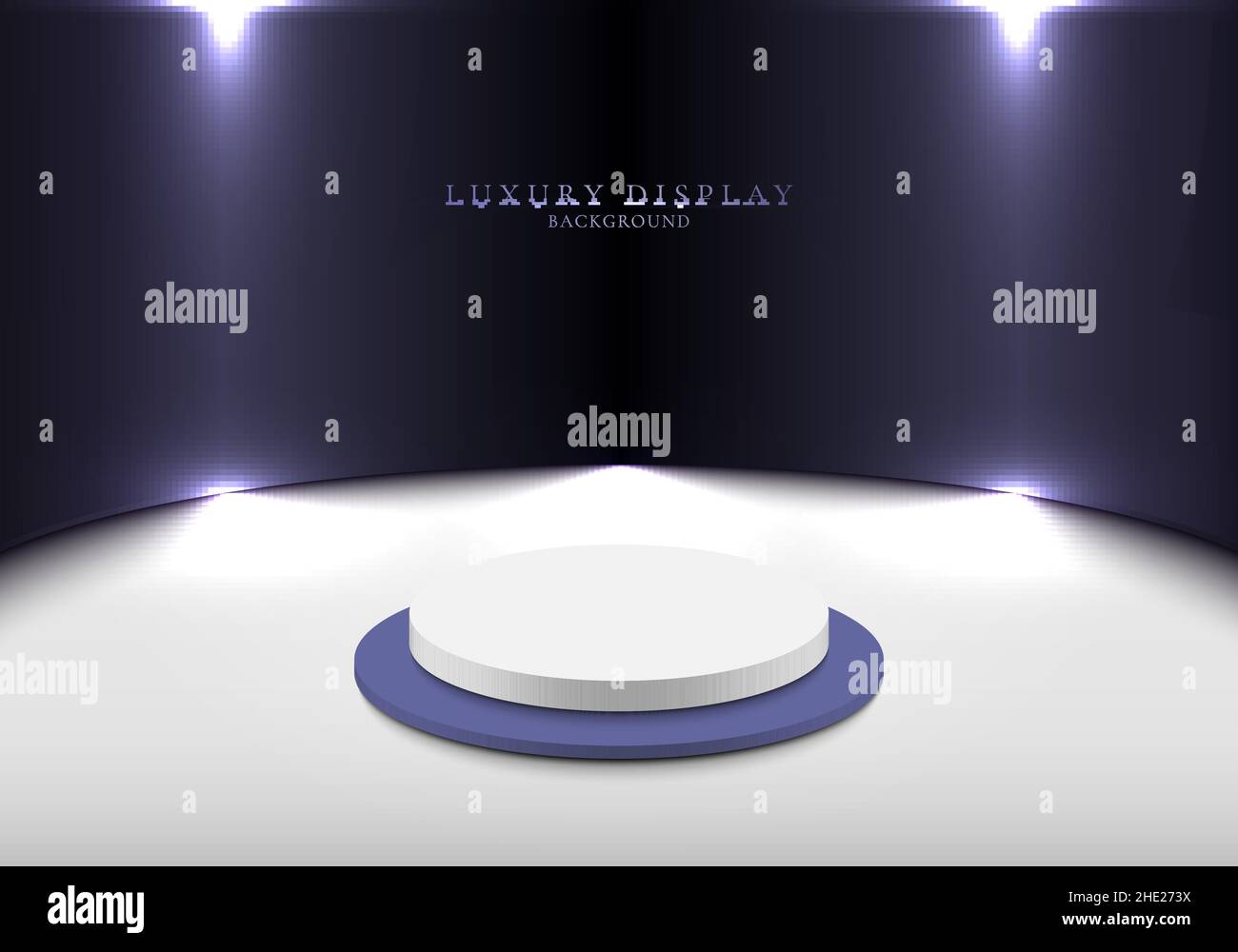 3D affiche réaliste des produits podium blanc et bleu avec fond violet brillant sur le sol scène propre arrière-plan style minimal.Conception géométrique de la plate-forme Illustration de Vecteur