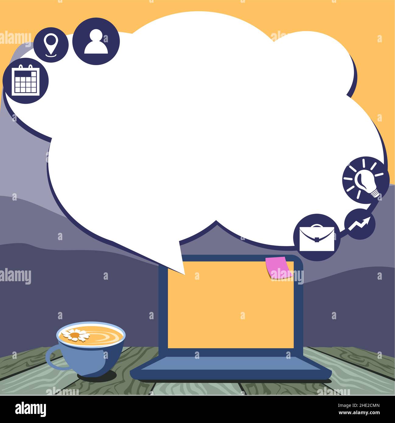 Ordinateur portable posé sur UNE table à côté de la tasse à café et de l'usine montrant le processus de travail. Mini-ordinateur haut de bureau à côté de la coupe avec fleurs Illustration de Vecteur