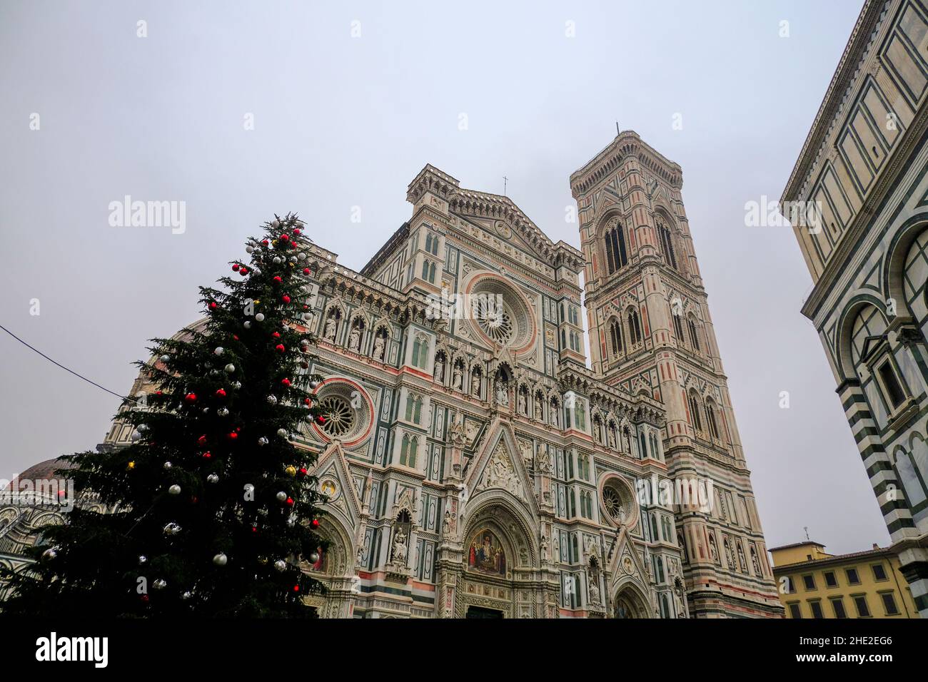 Florence, Italie : arbre de Noël depuis le bas de la place, piazza duomo en face du Duomo Santa Maria del Fiore, et le Baptistère de Florence Banque D'Images