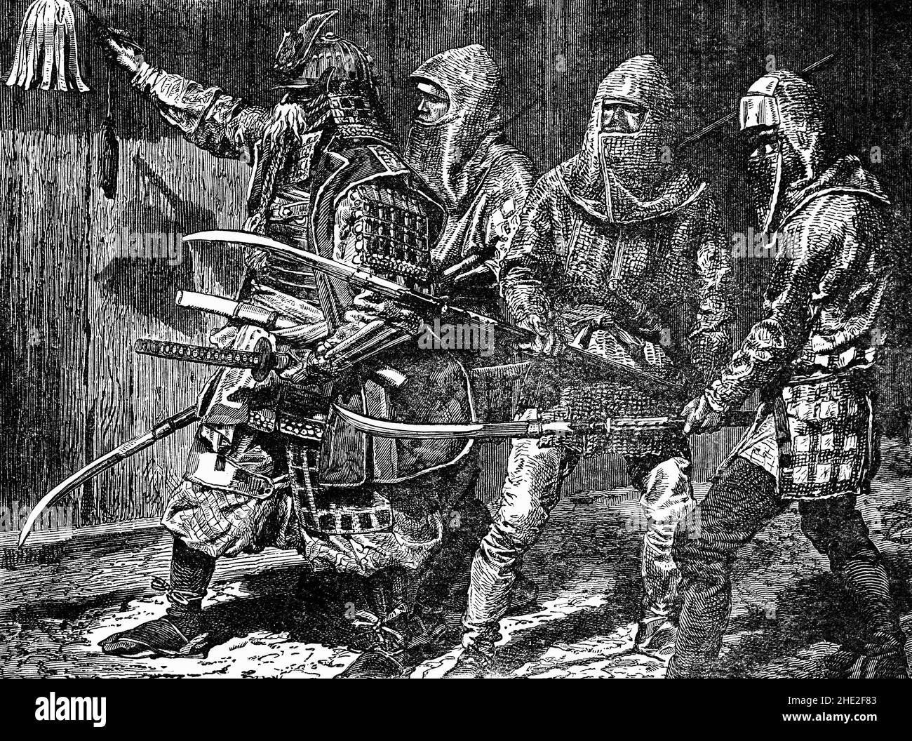 Illustration de la fin du siècle 19th des guerriers de Samouraï (ou bushi) de l'ancien Japon.Ils ont constitué la classe militaire au pouvoir, qui est finalement devenue la caste sociale la plus élevée de la période Edo (1603-1867).Samouraï utilisait des arcs et des flèches, des lances, des armes, mais leur arme principale et leur symbole était l'épée.Ils mènent des vies selon le code d'éthique du bushido (« la voie du guerrier »).Fortement confucianiste par nature, bushido a souligné la loyauté à son maître, à sa discipline personnelle et à son comportement respectueux et éthique.De nombreux samouraïs ont également été attirés par les enseignements et les pratiques du bouddhisme zen. Banque D'Images