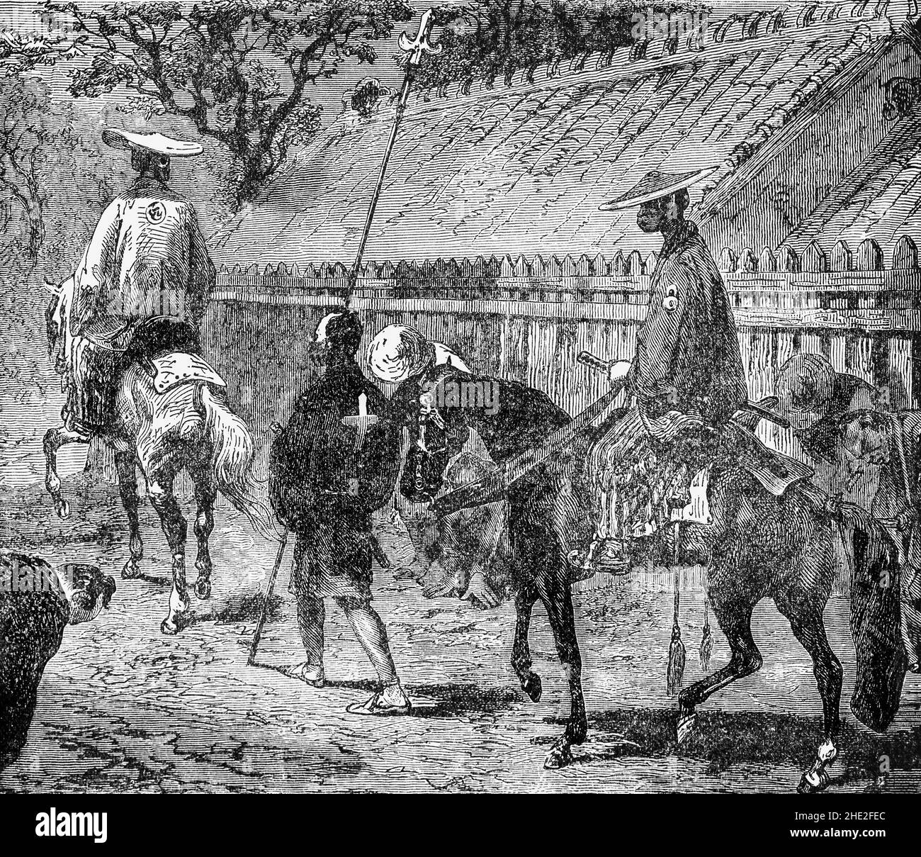 Illustration de la fin du siècle 19th d'un noble japonais traversant un village.On dit que le Japon féodal a eu un système social à quatre niveaux, certains Japonais ont vécu au-dessus du système, et d'autres en dessous.Au sommet de la société se trouvait le shogun, qui régnait au nom de l'empereur.L'empereur, sa famille et la noblesse de la cour avaient peu de pouvoir, mais ils étaient au moins nominalement au-dessus du shogun, et aussi au-dessus du système à quatre niveaux. Banque D'Images