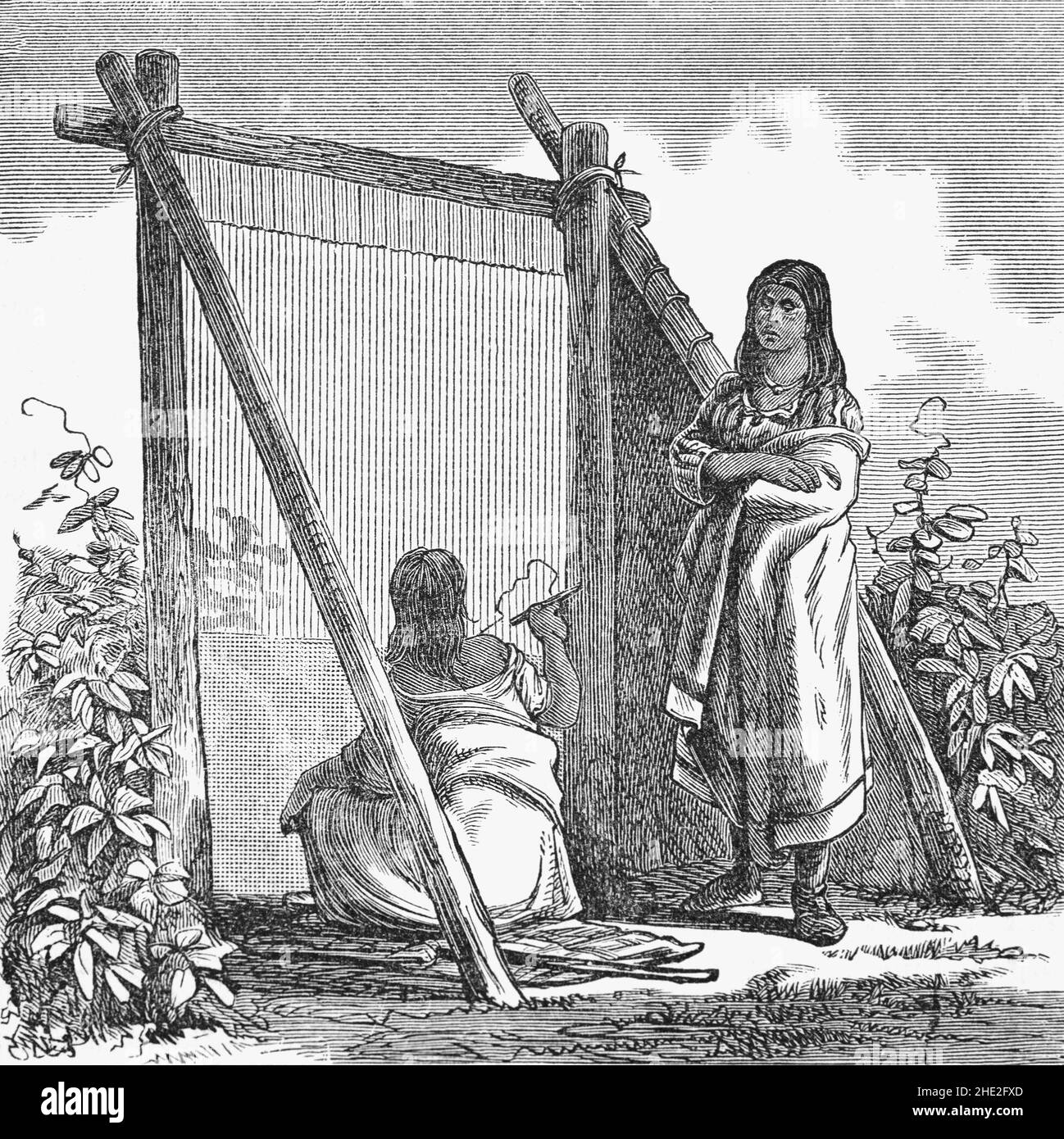 Illustration de la fin du siècle 19th des femmes autochtones chiliennes qui tissage de tissus traditionnels.Le folklore du Chili, est le résultat d'un mélange d'éléments espagnols et amérindiens qui se sont produits pendant la période coloniale.La plupart des traditions de la culture chilienne ont un but festif, mais certaines, comme les danses et les cérémonies, ont des composantes religieuses. Banque D'Images