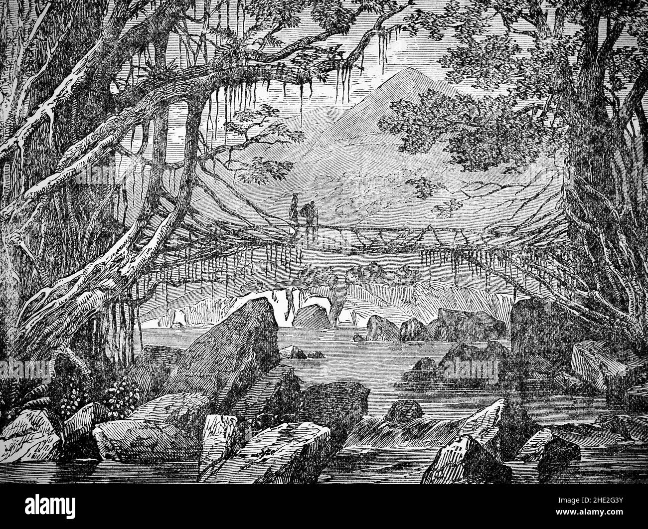 Illustration de la fin du siècle 19th d'un pont primitif traversant le fleuve Paraguay, une rivière majeure dans le centre-sud de l'Amérique du Sud, traversant le Brésil, la Bolivie, le Paraguay et l'Argentine.Il coule à environ 2 695 kilomètres (1 675 mi) de ses sources dans l'état brésilien de Mato Grosso à sa confluence avec le fleuve Paraná au nord de Corrientes et Resistencia. Banque D'Images