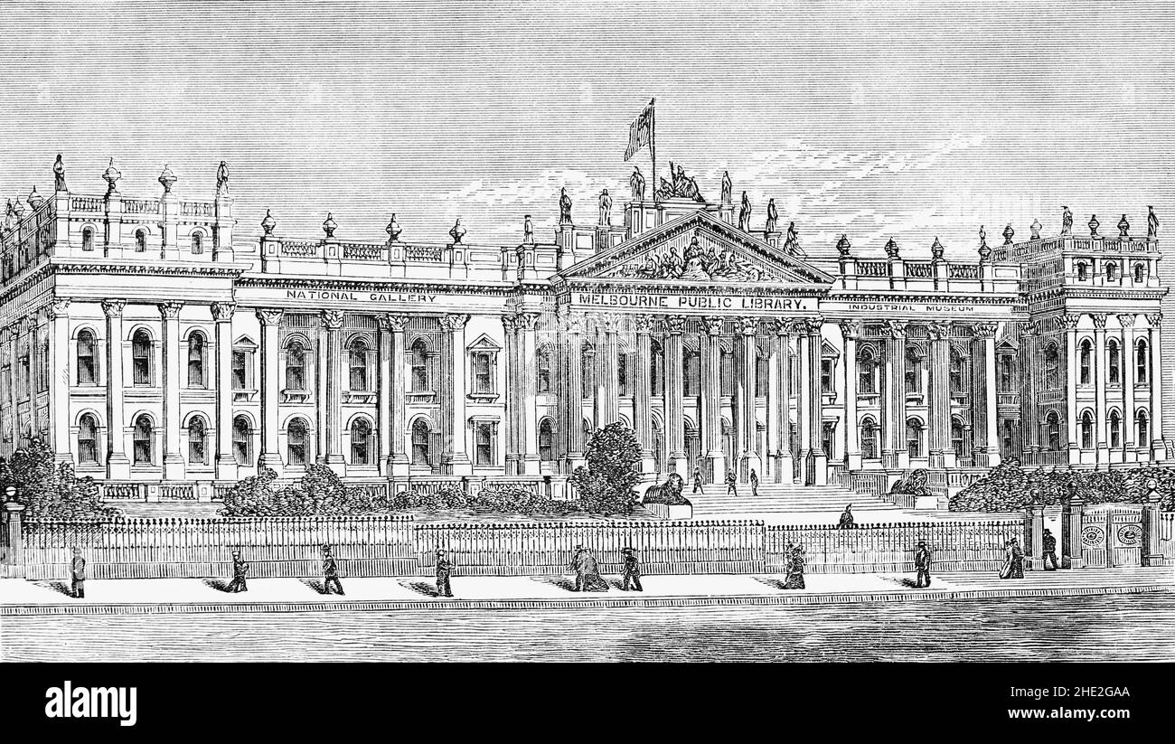 Illustration de la Bibliothèque d'État Victoria à Melbourne, la principale bibliothèque de l'État australien de Victoria, datant de la fin du 19th siècle.Créée en 1854 sous le nom de Melbourne public Library, elle est la plus ancienne bibliothèque publique d'Australie et l'une des premières bibliothèques libres au monde.Conçue par l'architecte Joseph Reed, la vaste collection de la bibliothèque comprend des livres, des photographies, des manuscrits, des cartes et des journaux, avec un accent particulier sur le matériel de Victoria. Banque D'Images