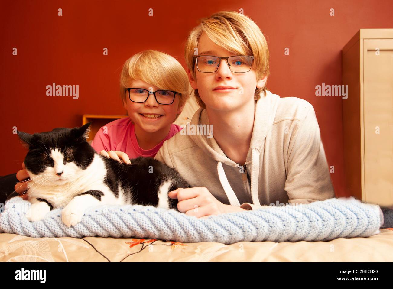 de jeunes frères qui se posent sur leur lit à la maison se blottant avec leur chat animal préféré Banque D'Images
