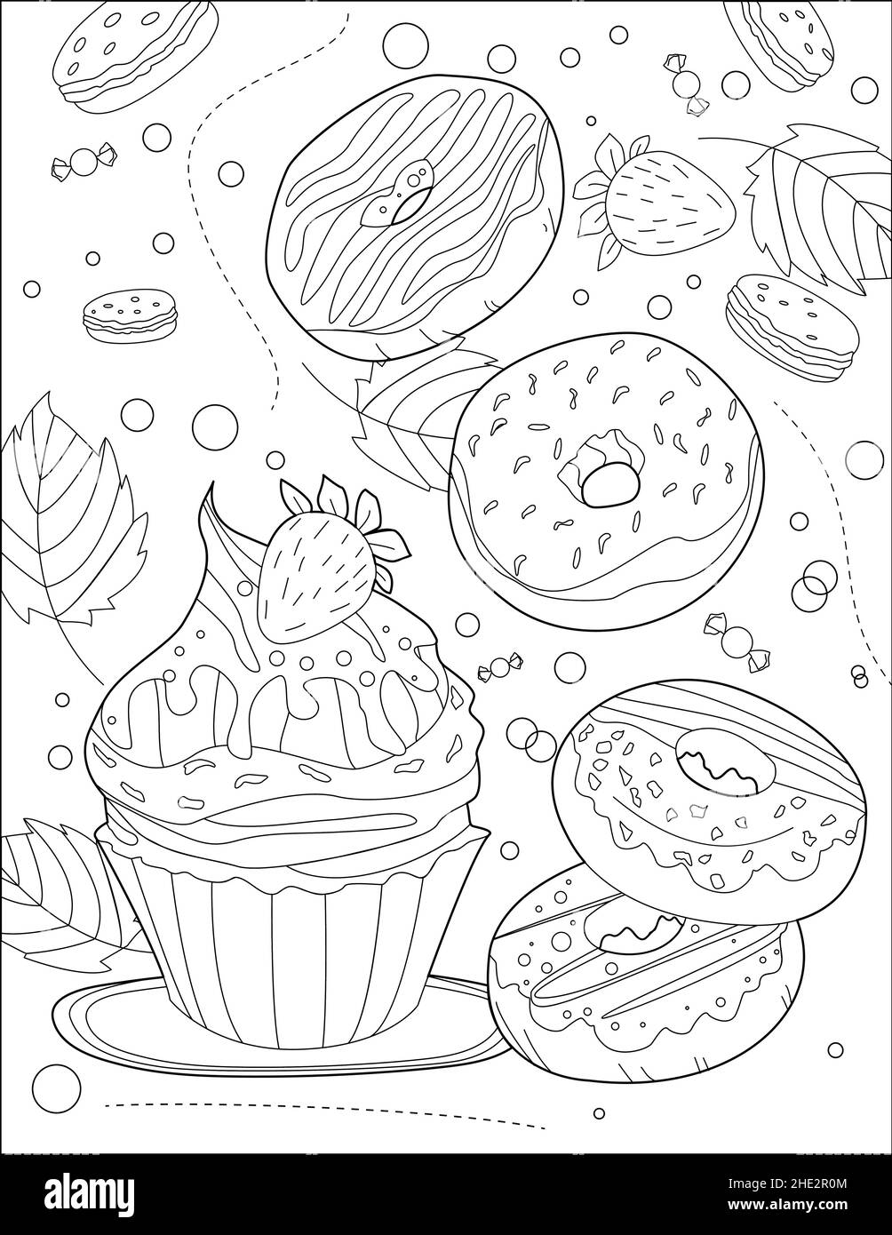 Big Cupcake avec remplissage Donuts couvert avec Frost Line dessin coloriage Livre idée Illustration de Vecteur