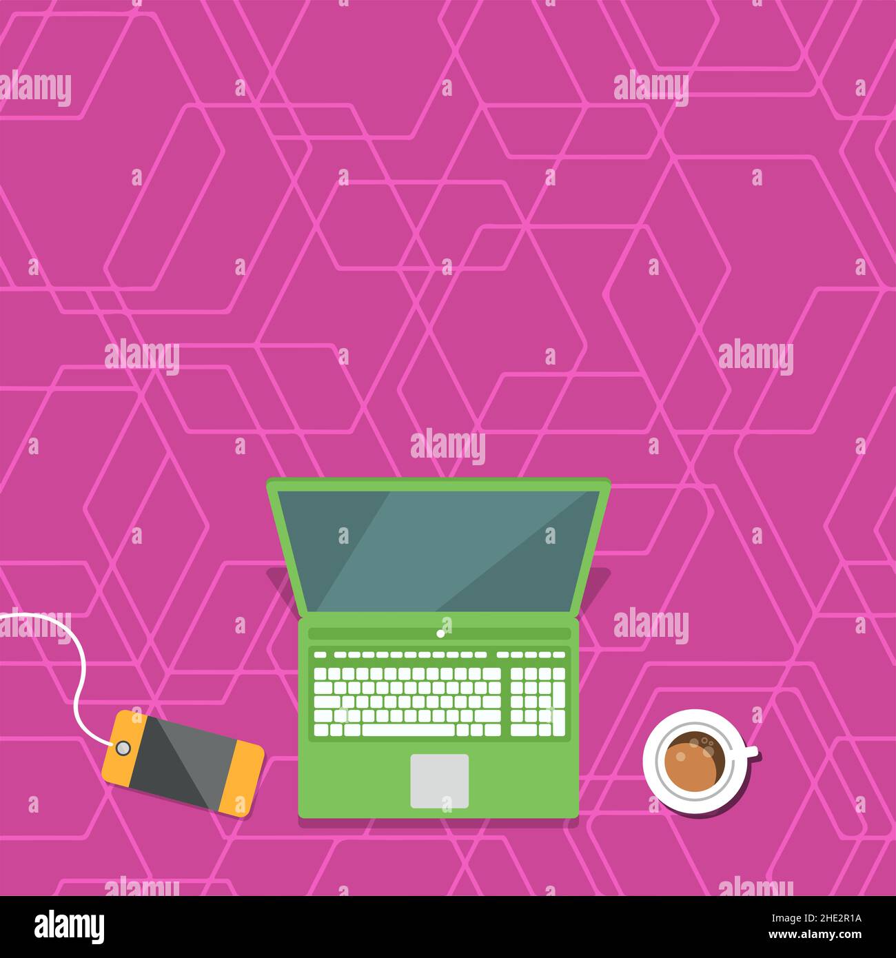 Ordinateur portable posé sur UNE table à côté de la tasse à café et de l'usine montrant le processus de travail. Mini-ordinateur haut de bureau à côté de la coupe avec fleurs Illustration de Vecteur