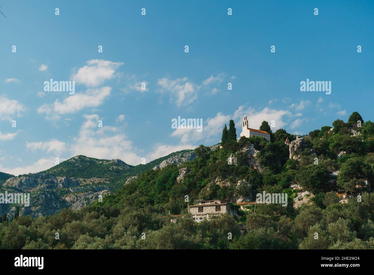 Le clocher de l'église donne sur les arbres verts en hauteur dans les montagnes.Monténégro Banque D'Images