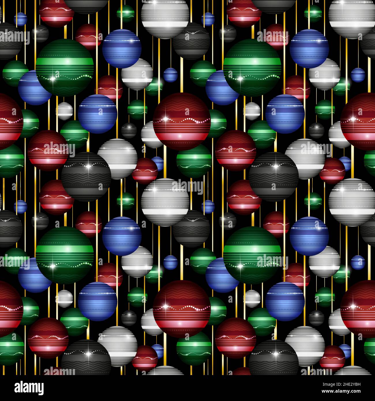 Répétition uniforme.Une multitude de boules décoratives de noël en rouge, vert, bleu, blanc et noir. Illustration de Vecteur