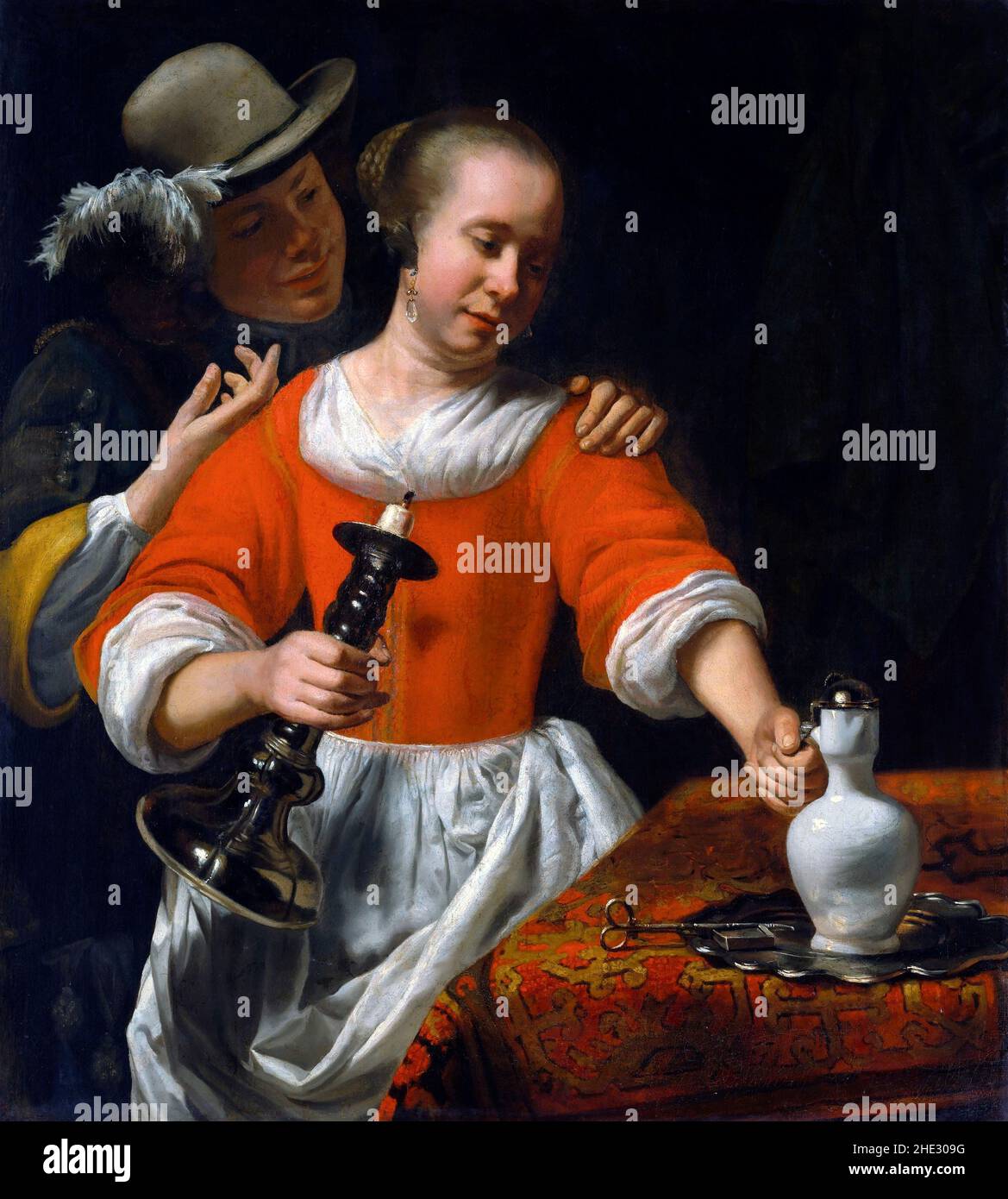 Une jeune femme et un cavalier de Cornelis Bisschop (1630-1674), huile sur toile, début 1660s Banque D'Images