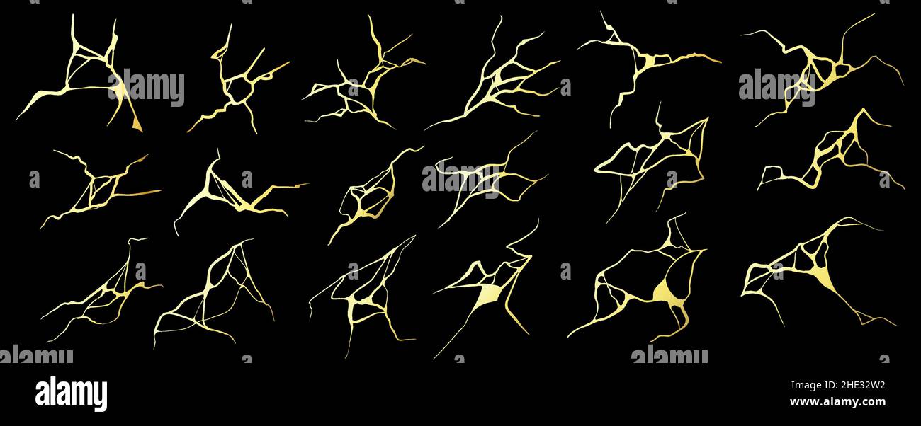 Motif en marbre noir avec fissures et fissures en or kintsugi.Motifs luxueux en mosaïque japonaise dorée.Ensemble de textures vectorielles vintage à effet cassé Illustration de Vecteur