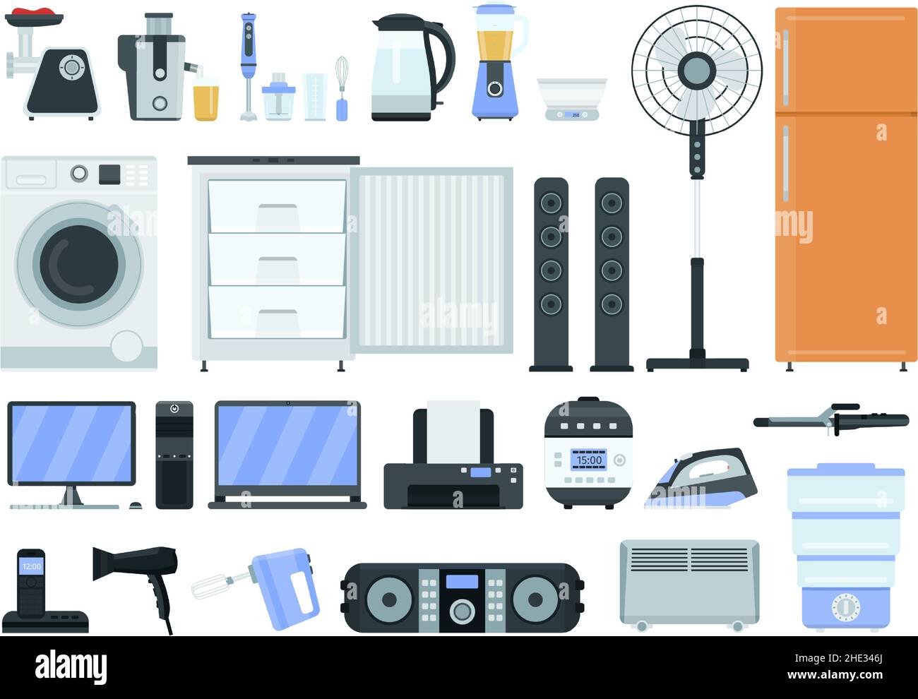 Appareils électroménagers plats, icônes de la boutique de technologie.Réfrigérateur, cuisinière, fer à repasser, machine à laver, télévision,ensemble mélangeur et mélangeur vectoriel Illustration de Vecteur