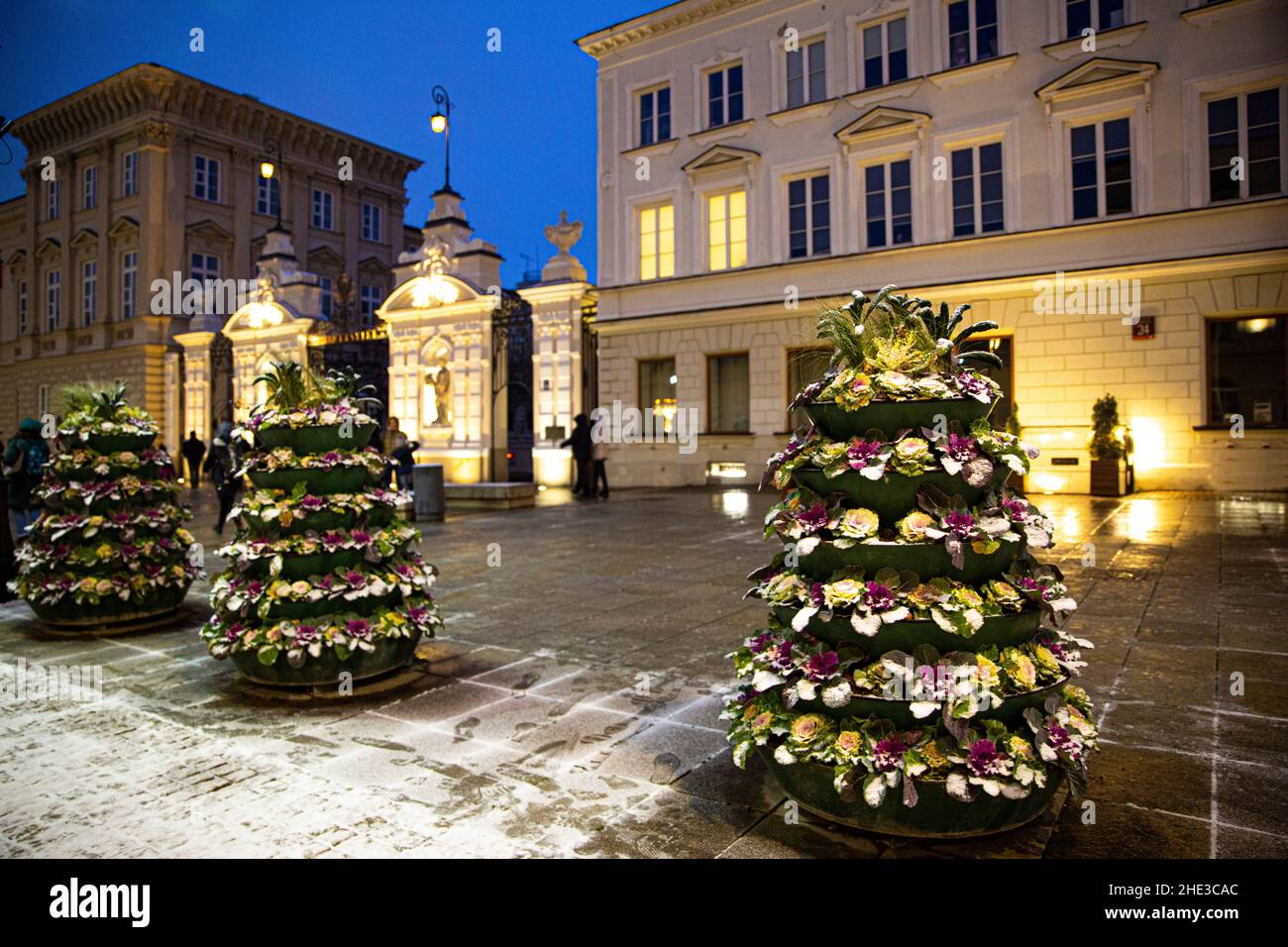 Varsovie, Pologne.Rue Nowy Swiat.Parterres de fleurs originales et éclairage de Noël festif. Banque D'Images