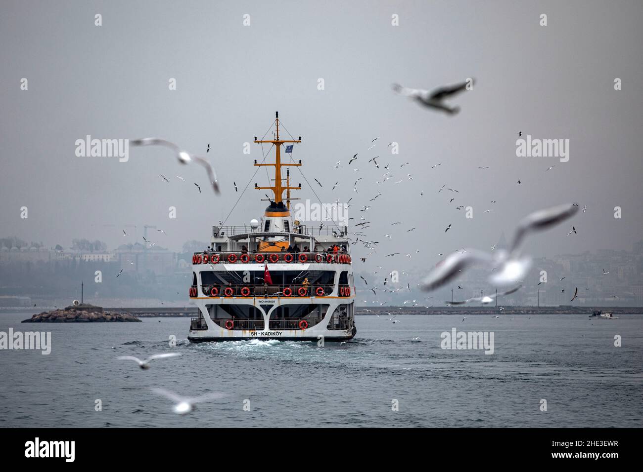 Istanbul, Turquie.08th janvier 2022.Avec la péninsule historique en arrière-plan, le ferry des lignes de la ville a créé une vue magnifique avec les mouettes volantes.Crédit : SOPA Images Limited/Alamy Live News Banque D'Images