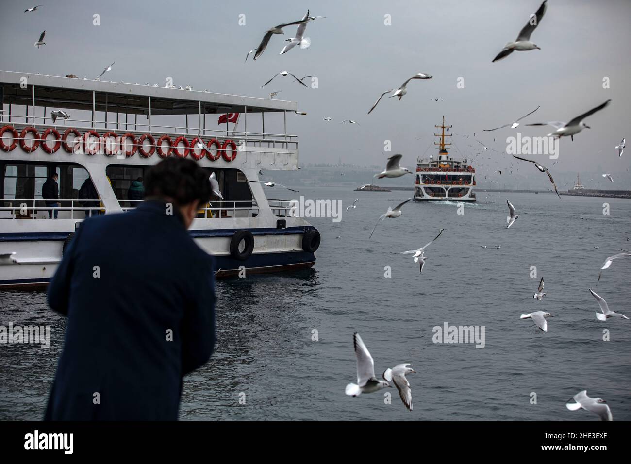 Istanbul, Turquie.08th janvier 2022.Un ferry des lignes de la ville vu en arrière-plan tandis qu'un homme nourrit des mouettes.Crédit : SOPA Images Limited/Alamy Live News Banque D'Images
