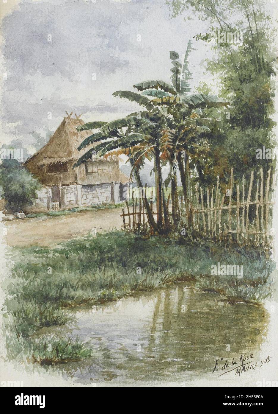 Fabián de la Rosa - paysage philippin avec cabane Nipa (1905). Banque D'Images