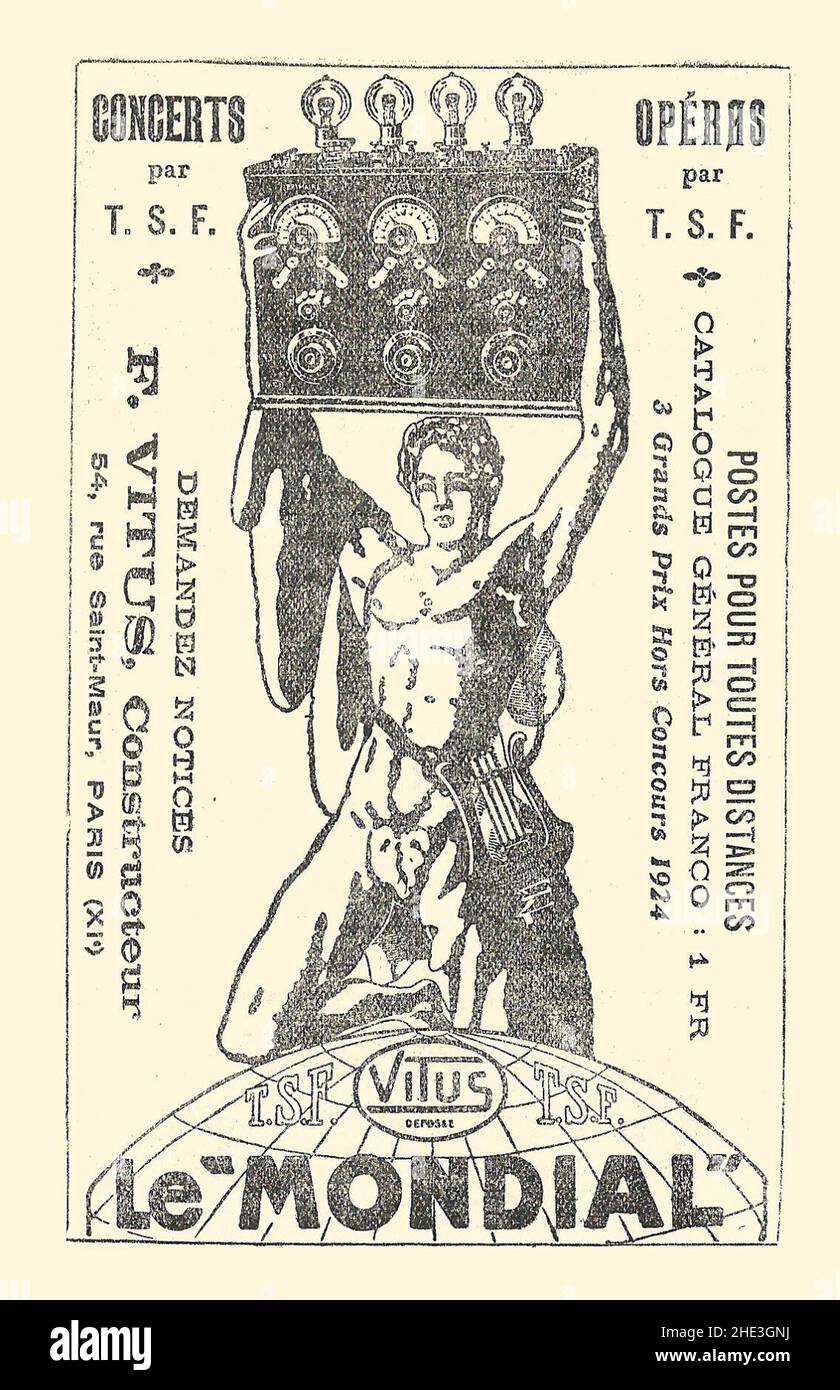 Rélame TSF Vitus-le mondial-1925. Banque D'Images