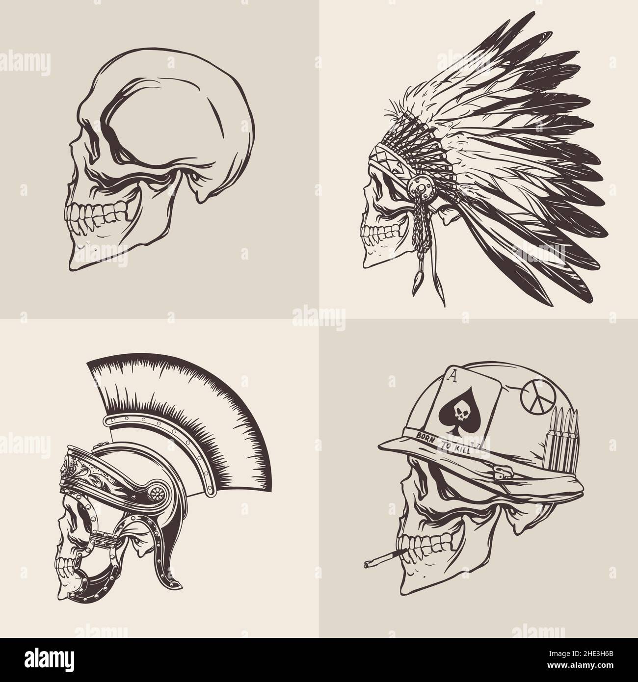 Ensemble de crânes dessinées d'un gladiateur, d'un soldat de la guerre du Vietnam, d'un chef tribal sur un fond beige pour l'impression.Illustration vectorielle. Illustration de Vecteur