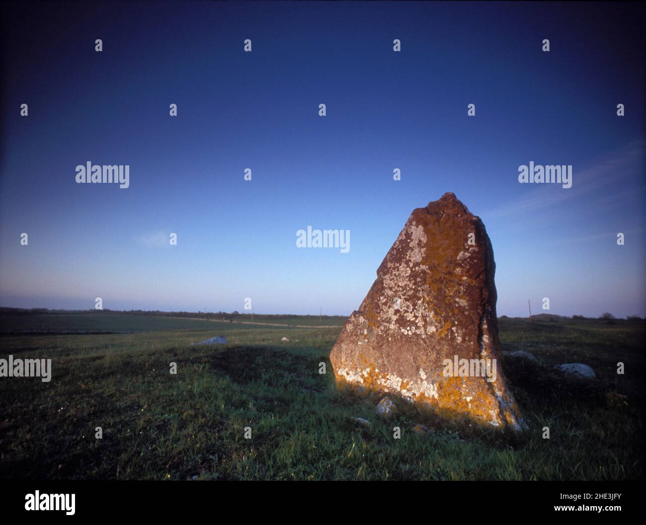 Vue sur une Rune Stone sur la rive, au bord de la mer.Analogique.Printemps et prairies verdoyantes, le soir. Banque D'Images