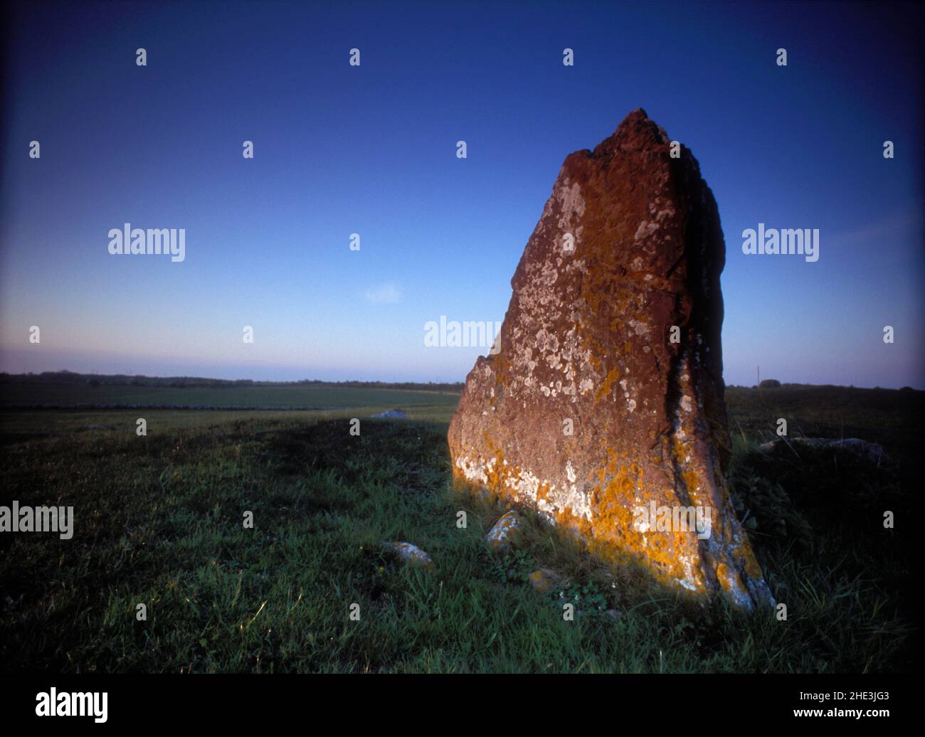 Vue sur une Rune Stone sur la rive, au bord de la mer.Analogique.Printemps et prairies verdoyantes, le soir. Banque D'Images