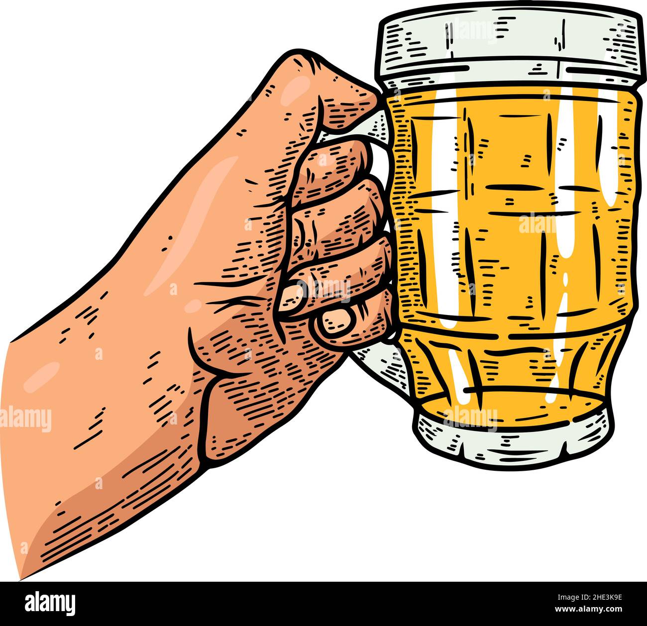 Illustration d'une main avec une tasse à bière.Élément de conception pour affiche, carte, bannière, menu.Illustration vectorielle, illustration d'une main avec une tasse à bière.De Illustration de Vecteur