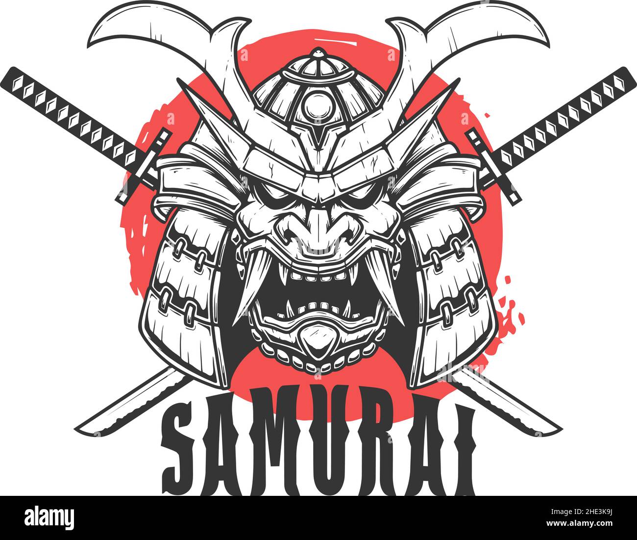 Casque samouraï avec épées croisées.Élément design pour affiche, carte, bannière, t-shirt.Illustration vectorielle Illustration de Vecteur