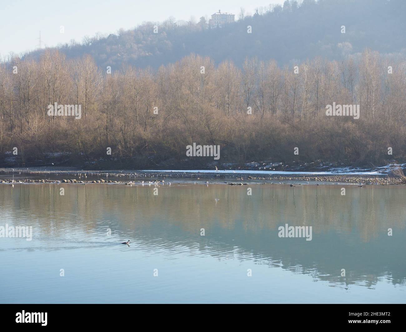 Rivière po au parc de Bricel à Chivasso, Italie Banque D'Images