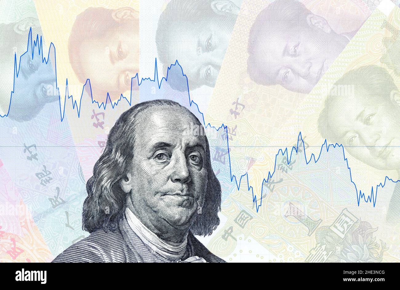 Graphique des taux des billets en dollars américains et en devises chinoises.Yuan chinois, taux de change du dollar.Concept d'entreprise Banque D'Images