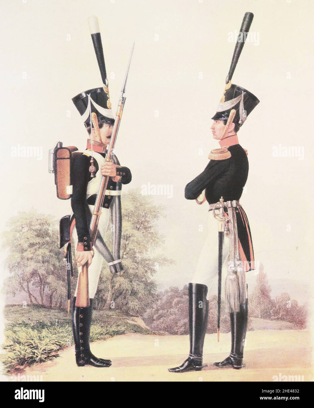 Officier et officier non commandant du régiment de grenadiers sibérien de l'Empire russe en 1825. Banque D'Images