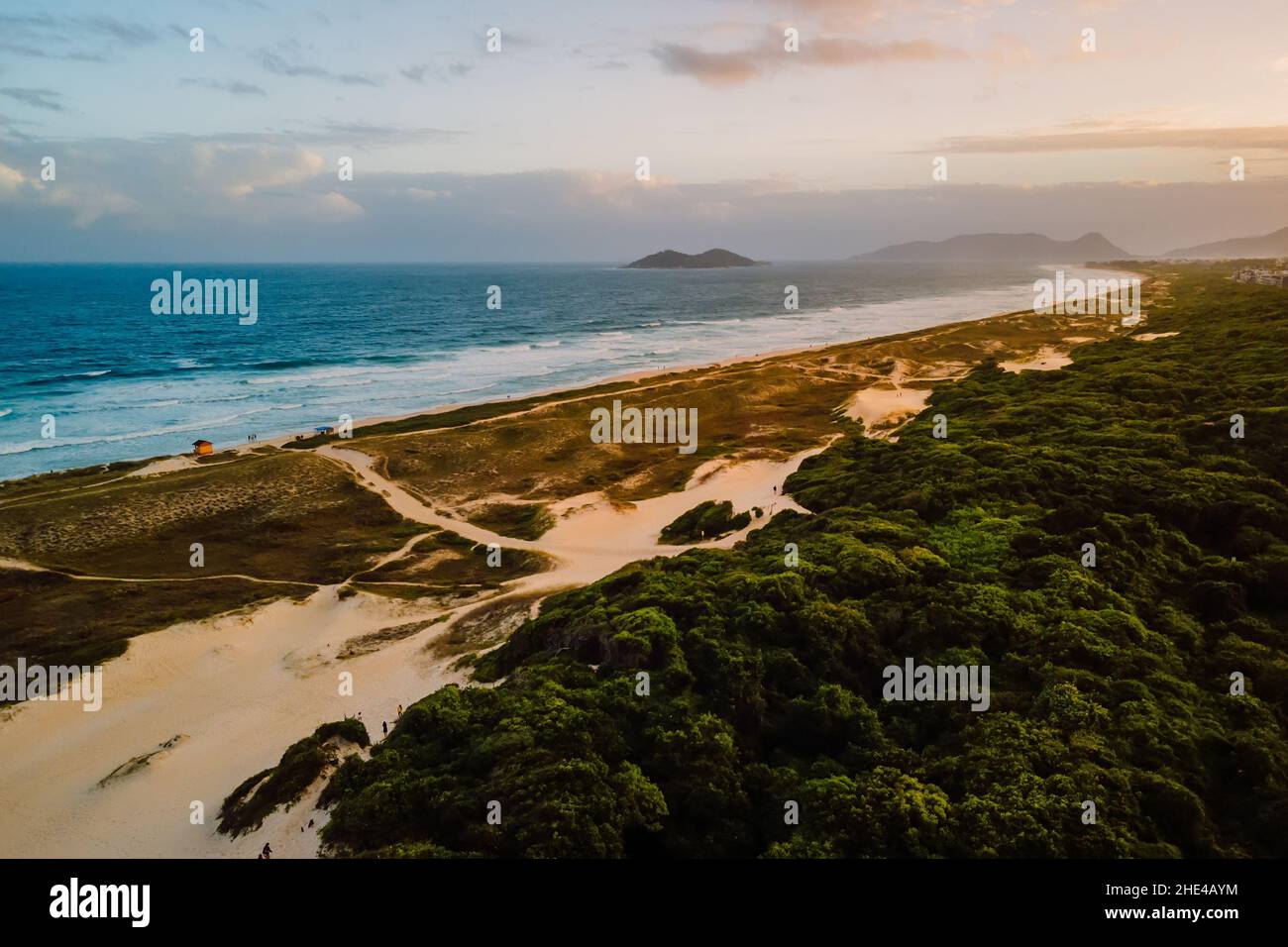 Plage de sable avec dunes et océan avec lumières au coucher du soleil à Campeche, Florianopolis Banque D'Images