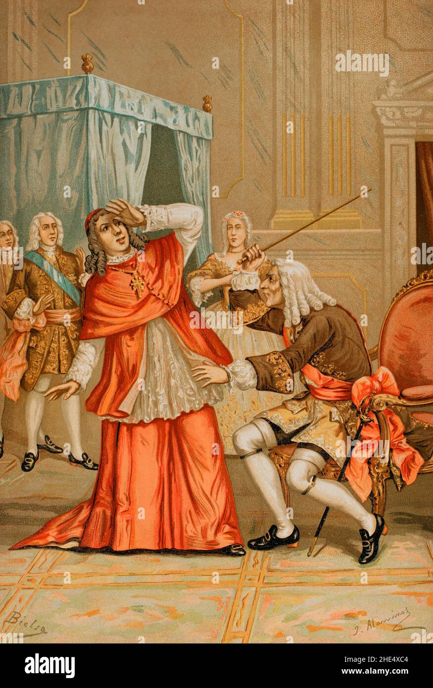 Giulio Alberoni (1664-1752).Diplomate italien, homme d'État et cardinal de l'Église catholique.Nommé représentant officiel du duc de Parme en avril 1713.Il était le principal conseiller du roi Philippe V d'Espagne.Querelle entre le Cardinal Alberoni et le maire de Mayordomo du Roi, duc d'Escalona, pendant la maladie de Philippe V. personne n'a été autorisé à entrer dans la Chambre royale sauf ceux autorisés par la reine et Alberoni.Alberoni demanda au duc d'Escalona de ne pas entrer dans la salle, à laquelle ce dernier devint indigné.La reine a été témoin de la scène alors qu'elle était assise à l'être du roi Banque D'Images