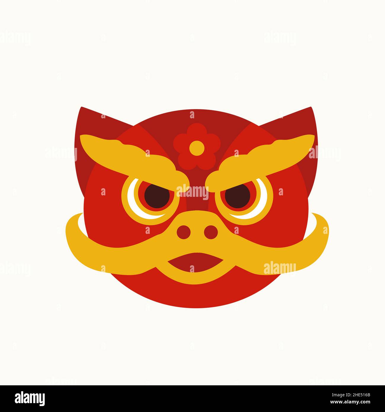 Dessin isolé de tête plate de danse de lion de Chine rouge et jaune Illustration de Vecteur