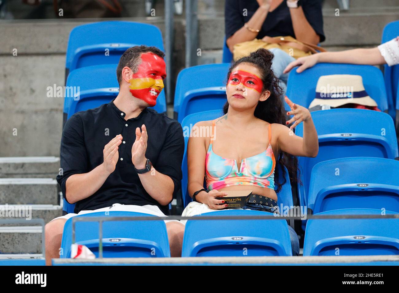 Sydney, Australie.09th janvier 2022.Les fans espagnols lors de la finale de la coupe ATP à la Ken Rosewall Arena, au parc olympique de Sydney, en Australie, le 9 janvier 2022.Photo de Peter Dovgan.Utilisation éditoriale uniquement, licence requise pour une utilisation commerciale.Aucune utilisation dans les Paris, les jeux ou les publications d'un seul club/ligue/joueur.Crédit : UK Sports pics Ltd/Alay Live News Banque D'Images