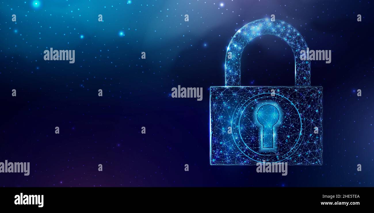 Protection.Concept de cyber-sécurité avec blindage en polyéthylène basse luminescent sur fond bleu foncé.Conception en polyfer à faible teneur.Abstrait futuriste vecteur illus Illustration de Vecteur