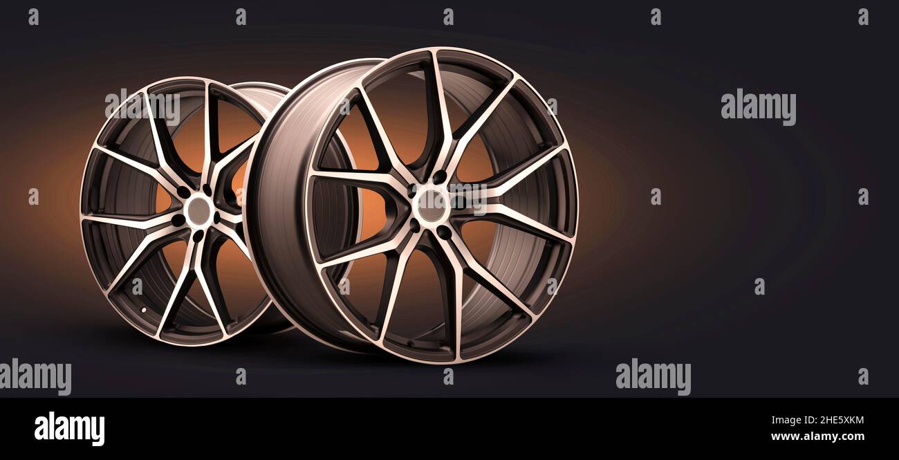 nouvelles roues en alliage forgé sur fond noir foncé. roues sport fraîches avec rayons fins, réglage automatique du poids léger conception sport panoramique ph Banque D'Images