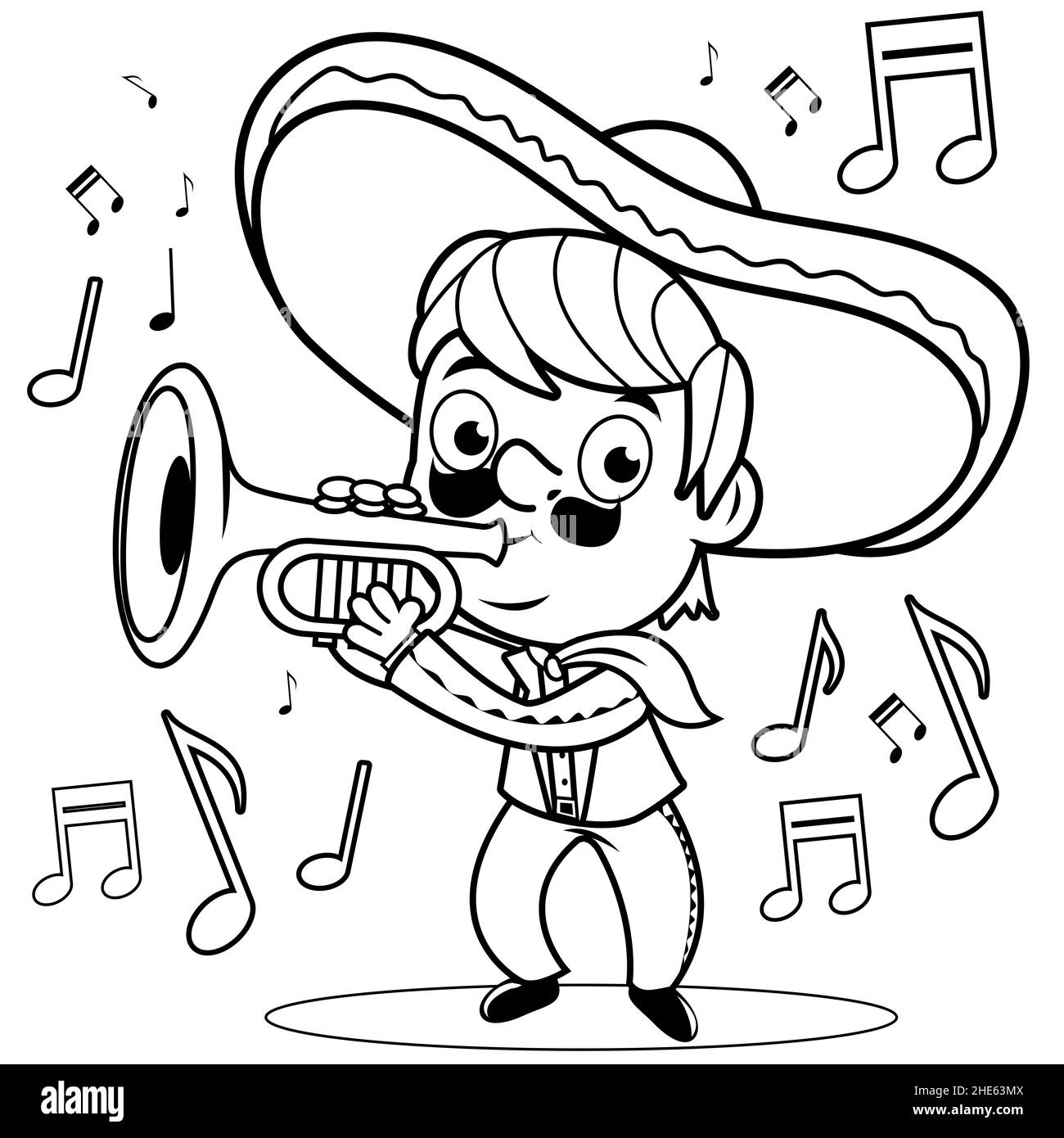 Dessin animé mariachi mexicain homme musicien avec un chapeau sombrero et costume, jouant de la trompette. Fête du Cinco de Mayo avec musique. Coloriage Banque D'Images