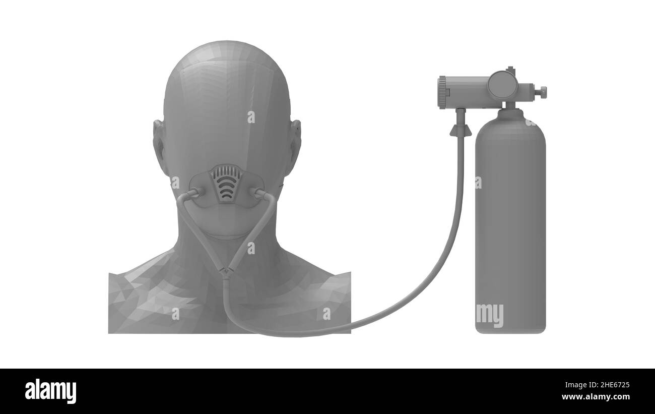 3D rendu de la silhouette d'un homme avec un masque à oxygène et un réservoir d'oxygène isolés sur un fond de studio vide Banque D'Images
