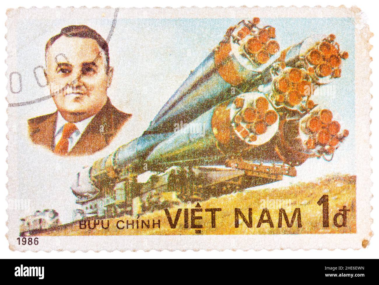 Timbre imprimé au Vietnam montre Korolev concepteur de vaisseau spatial et fusée Banque D'Images