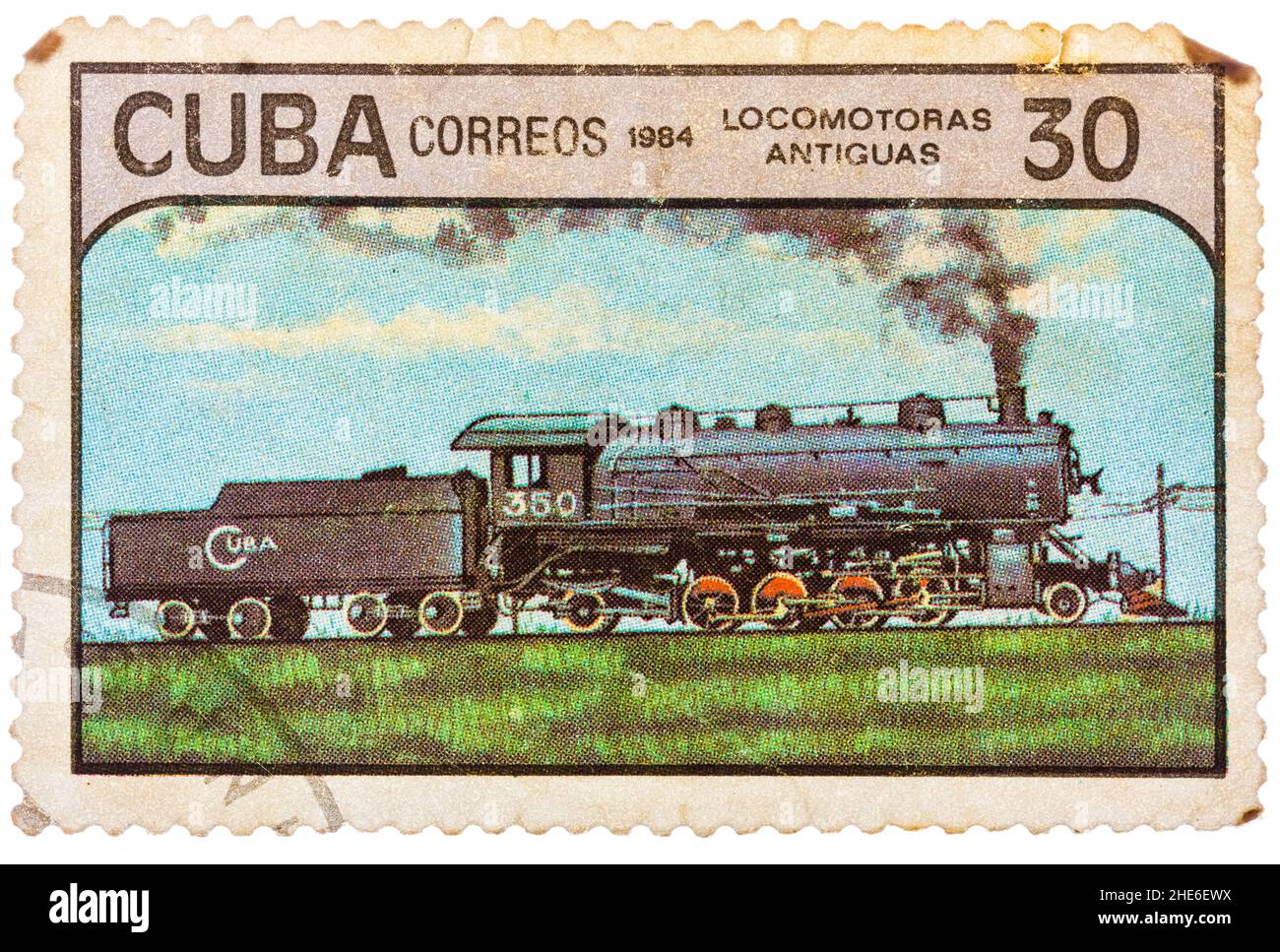 Les timbres-poste imprimés à CUBA montrent les trains et les locomotives Banque D'Images