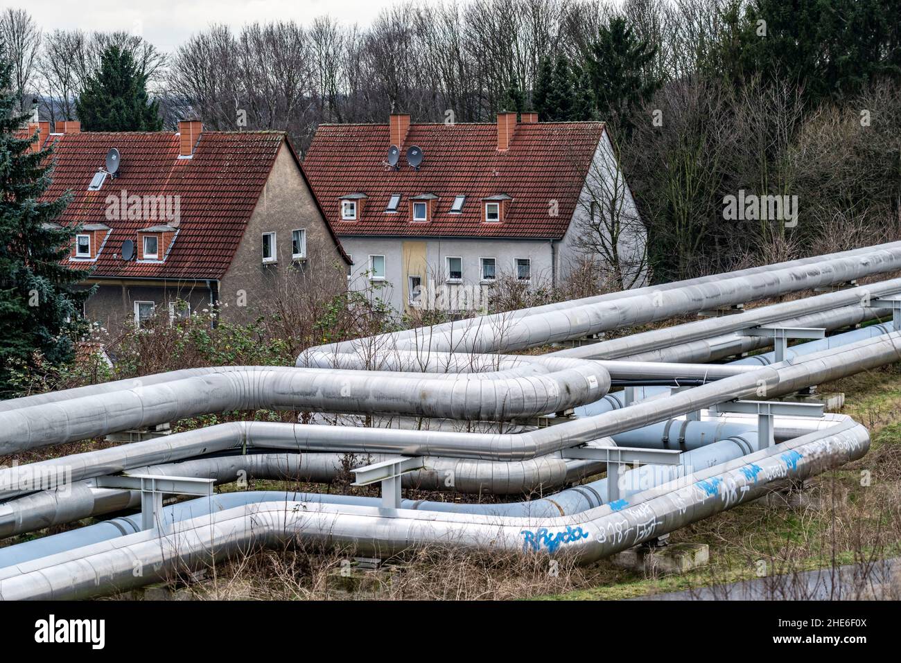 Conduites de chauffage urbain, Hertener Stadtwerke, point de transfert à l'ancienne collierie Schlägel & Eisen, des conduites de la centrale électrique vers le Stadt Banque D'Images